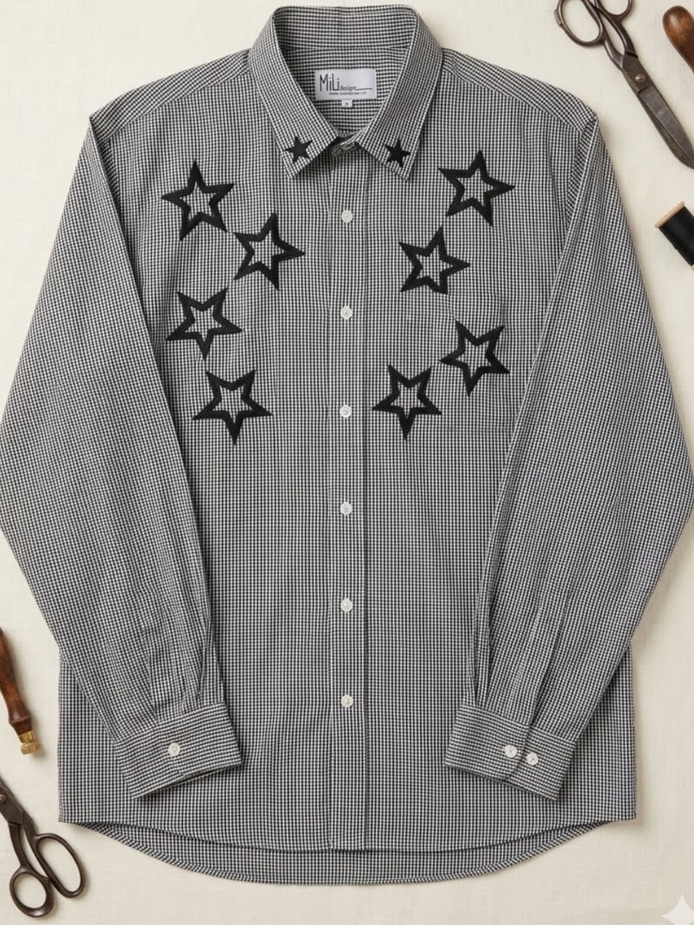 Women's Mili Designs Black & White Checked Cotton Blend Shirt, Star Embroidery
